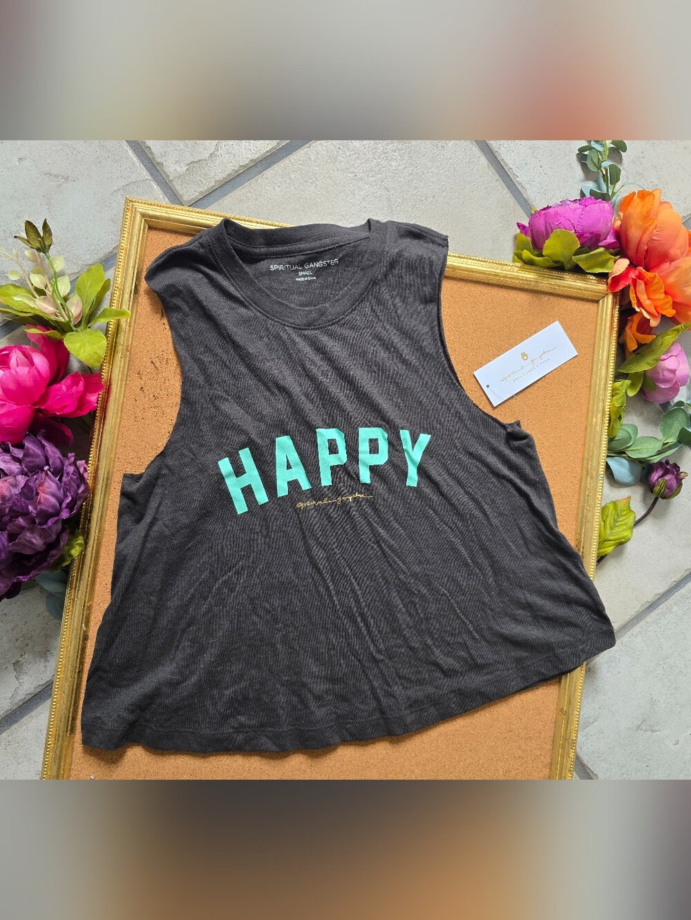 NWT Spiritual Gangster Women's "Happy" Long Crop  Graphic Muscle Tank